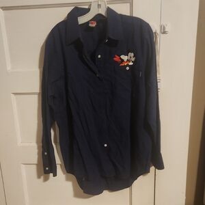 Vintage Disney Women's Navy Button Down Shirt with Mickey Embroidery